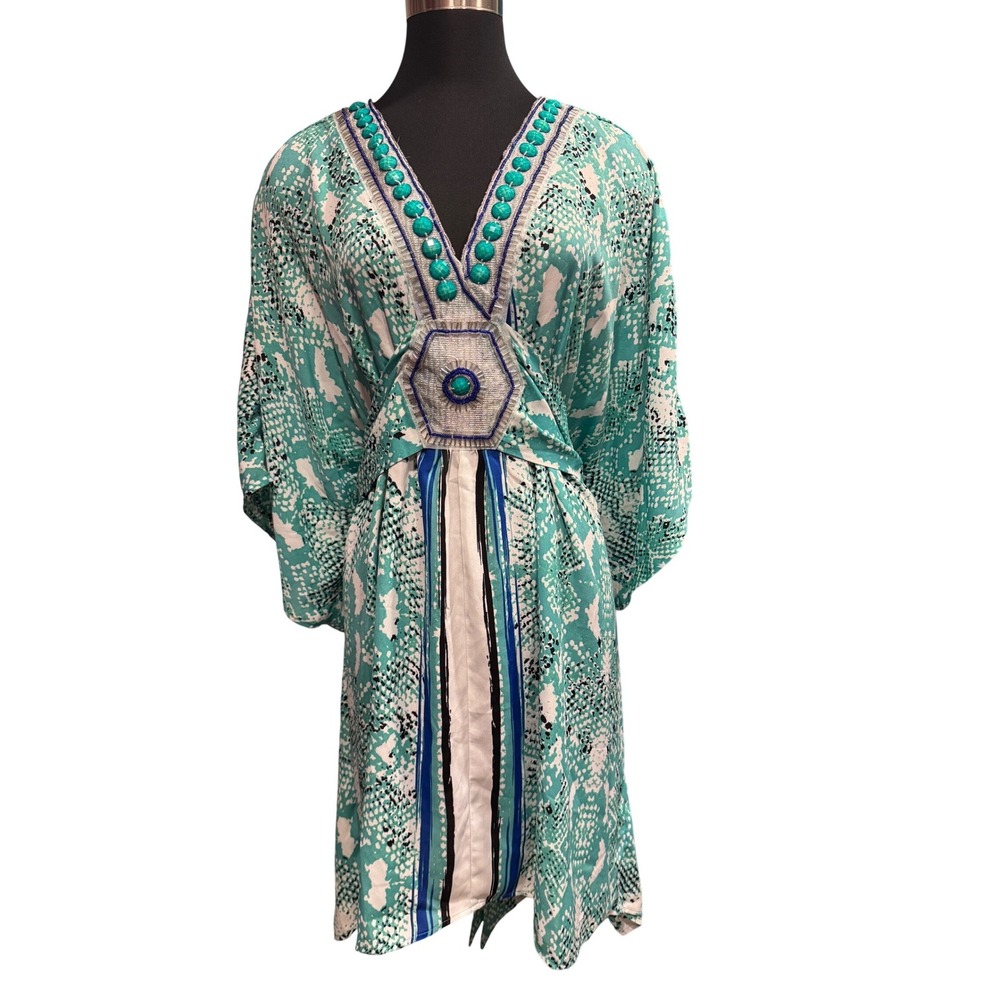 Venus Womens Teal Snakeskin Embellished Kaftan Dress Boho Kimono Mini Sz XL